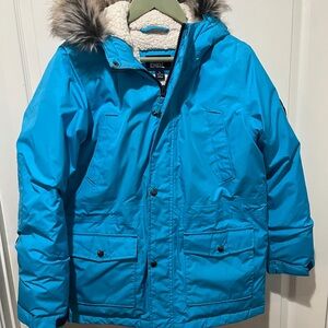 Lands' End Vibrant Blue Puffer Jacket with Faux Fur Trim